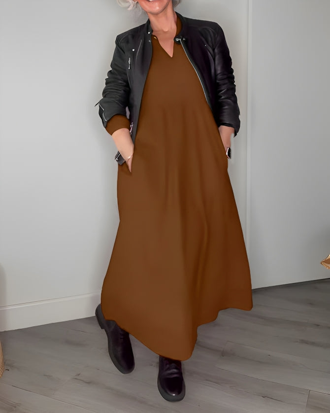 Long women's dress with a V-neck | Loose fit