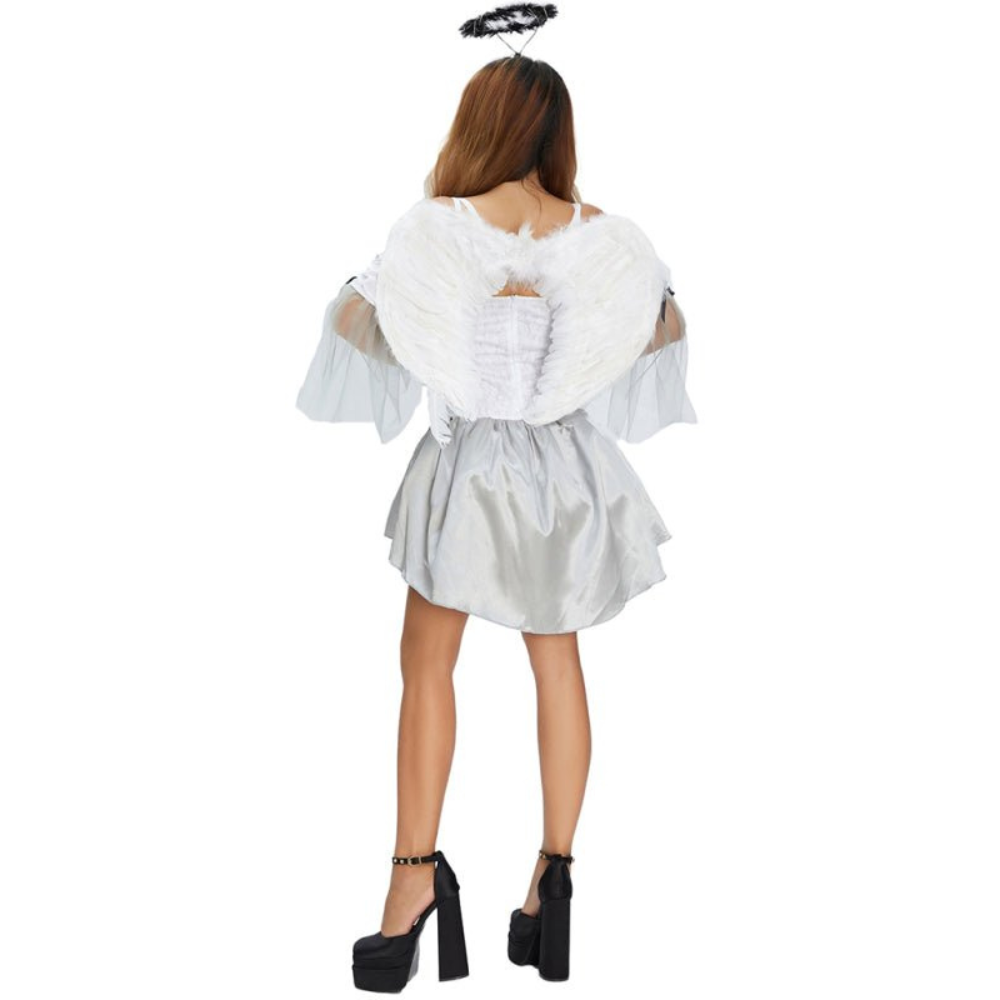 Women’s Angel Halloween Costume Dress | Lace-Up Mini with Wings