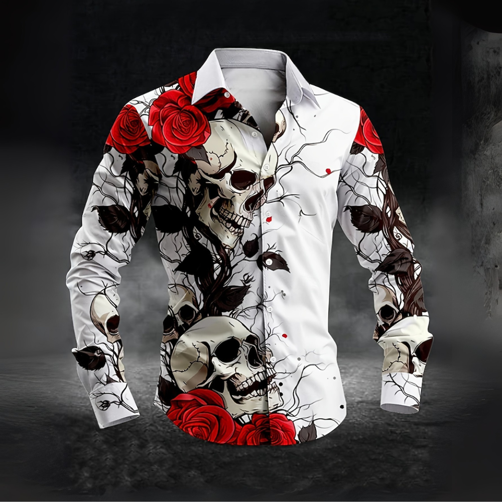 Men’s Halloween Shirt | Skull & Rose Print Long Sleeve