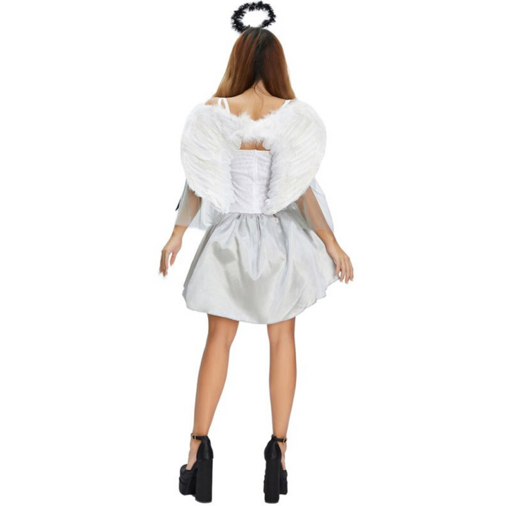 Women’s Angel Halloween Costume Dress | Lace-Up Mini with Wings