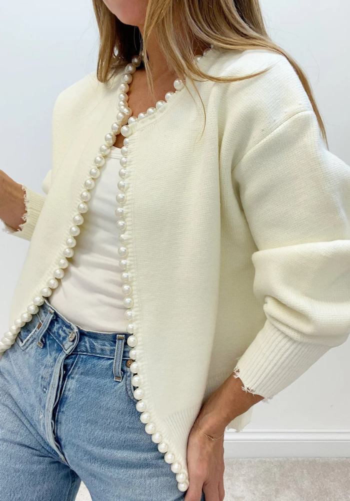 Isla | Women’s Knit Pearl Trim Cardigan | White
