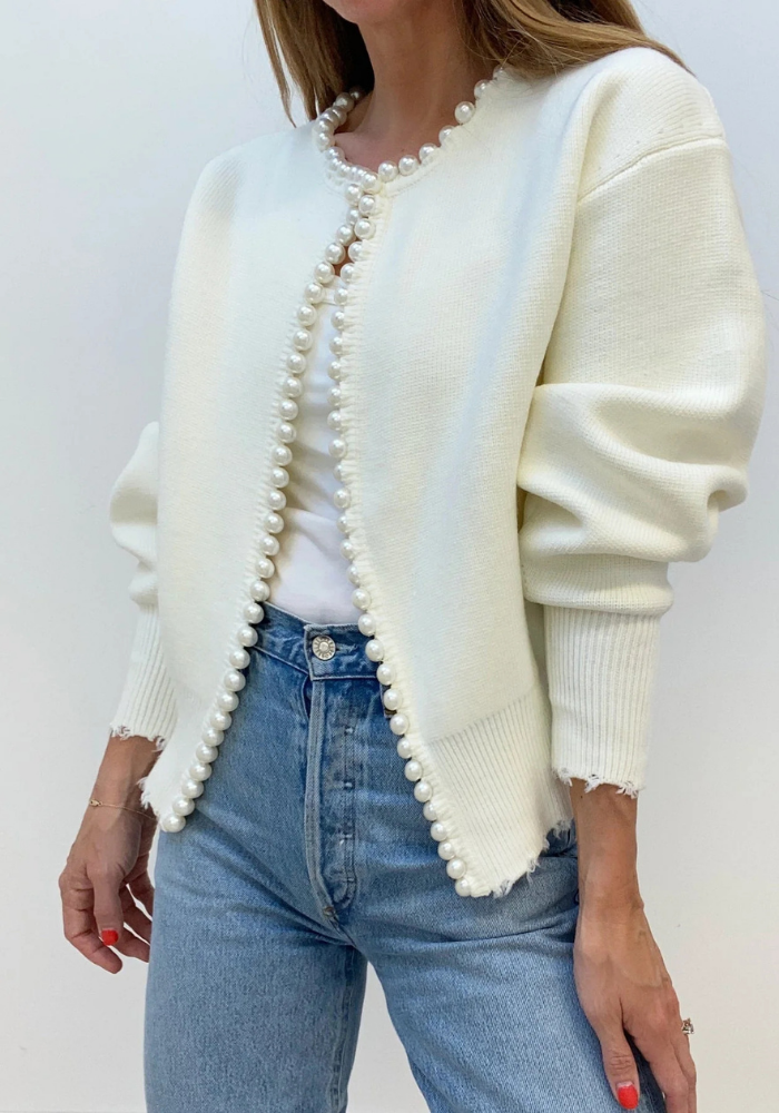 Isla | Women’s Knit Pearl Trim Cardigan | White