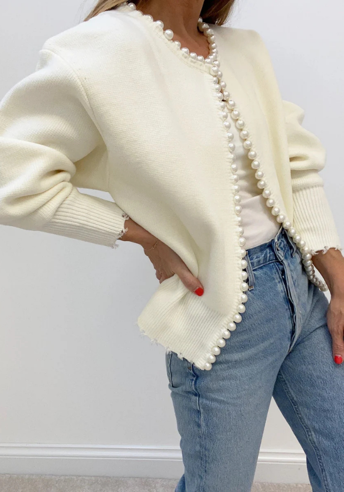 Isla | Women’s Knit Pearl Trim Cardigan | White