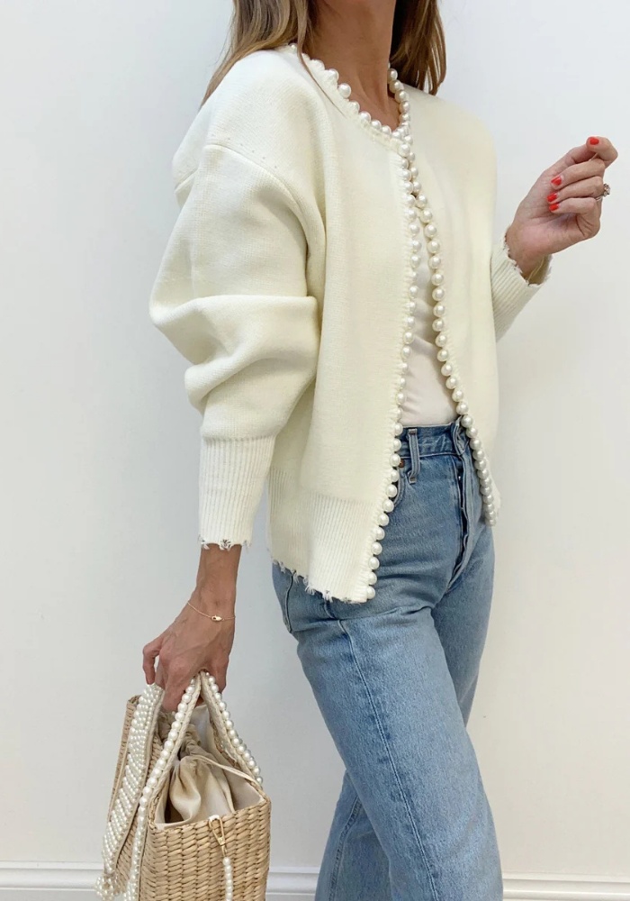 Isla | Women’s Knit Pearl Trim Cardigan | White