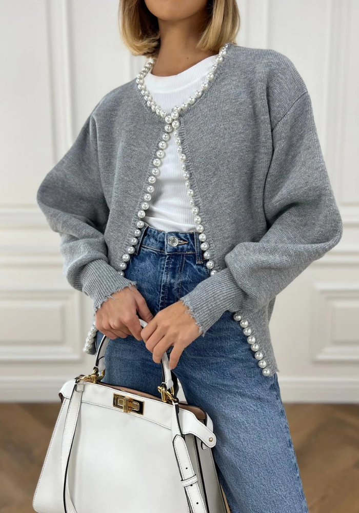 Isla | Women’s Knit Pearl Trim Cardigan | White