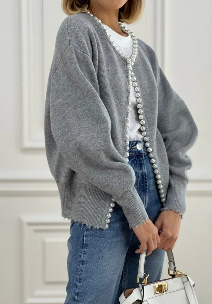 Isla | Women’s Knit Pearl Trim Cardigan | White
