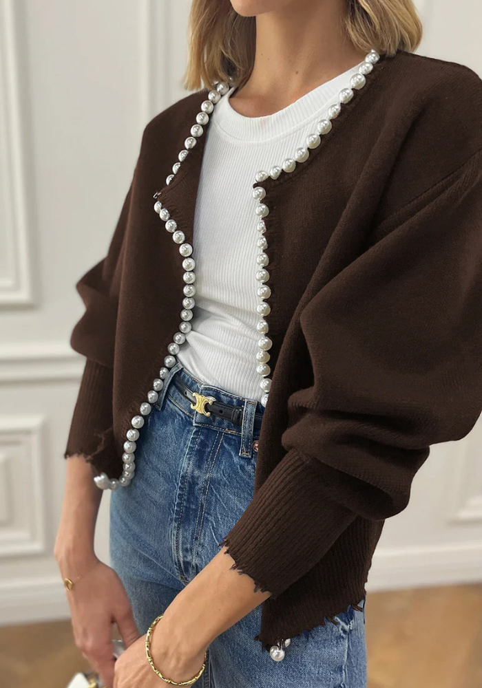 Isla | Women’s Knit Pearl Trim Cardigan | White