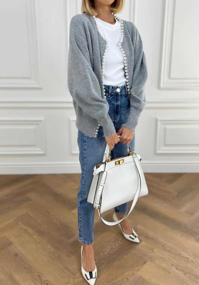 Isla | Women’s Knit Pearl Trim Cardigan | White