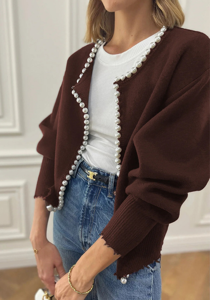 Isla | Women’s Knit Pearl Trim Cardigan | White