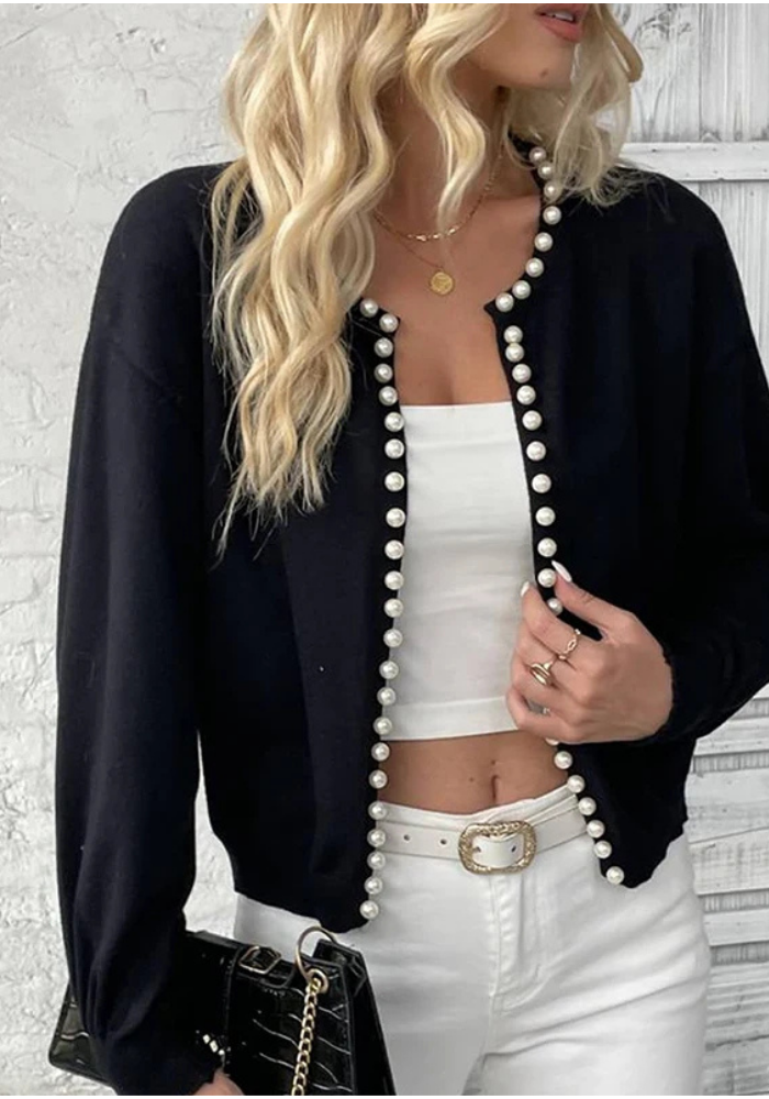 Isla | Women’s Knit Pearl Trim Cardigan | White