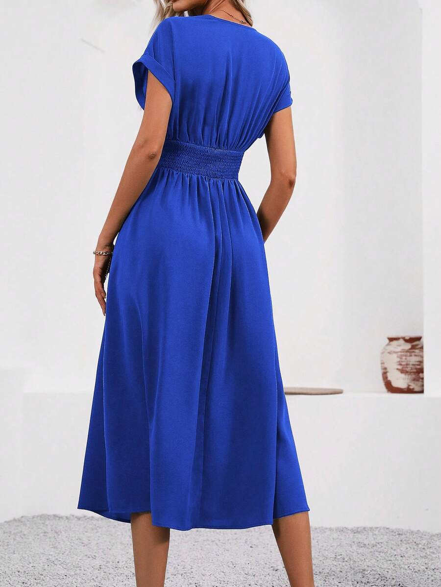 Women’s V-Neck Waist Pleated Dress | Midi