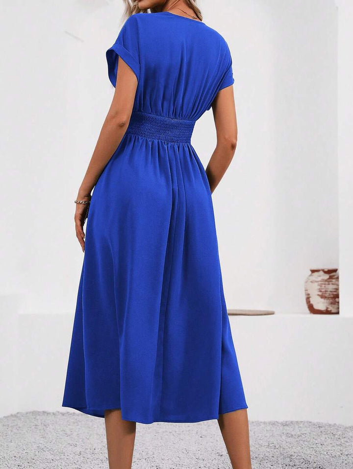 Women’s V-Neck Waist Pleated Dress | Midi