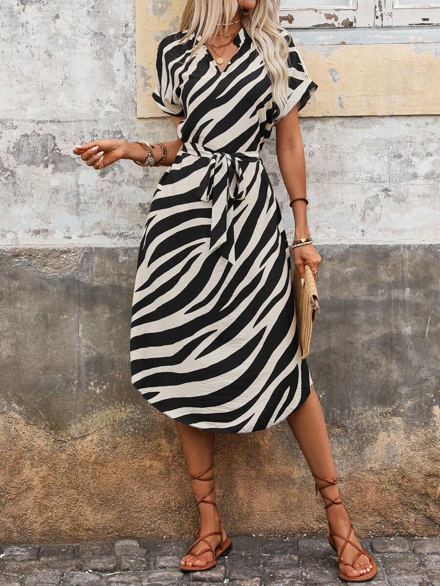 Women’s Zebra Print Belted Dress | Midi