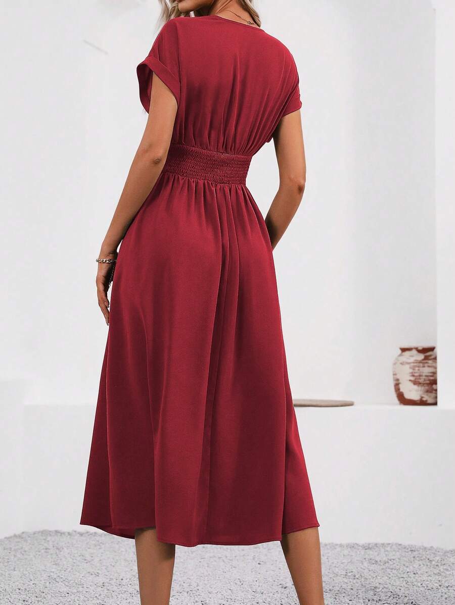 Women’s V-Neck Waist Pleated Dress | Midi