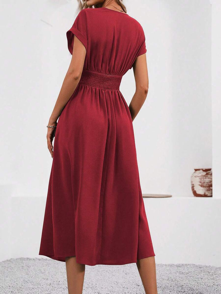 Women’s V-Neck Waist Pleated Dress | Midi