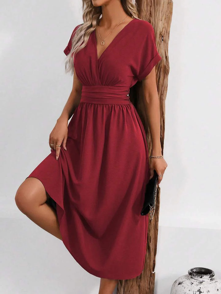 Women’s V-Neck Waist Pleated Dress | Midi