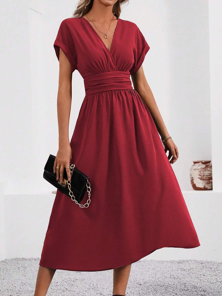 Women’s V-Neck Waist Pleated Dress | Midi