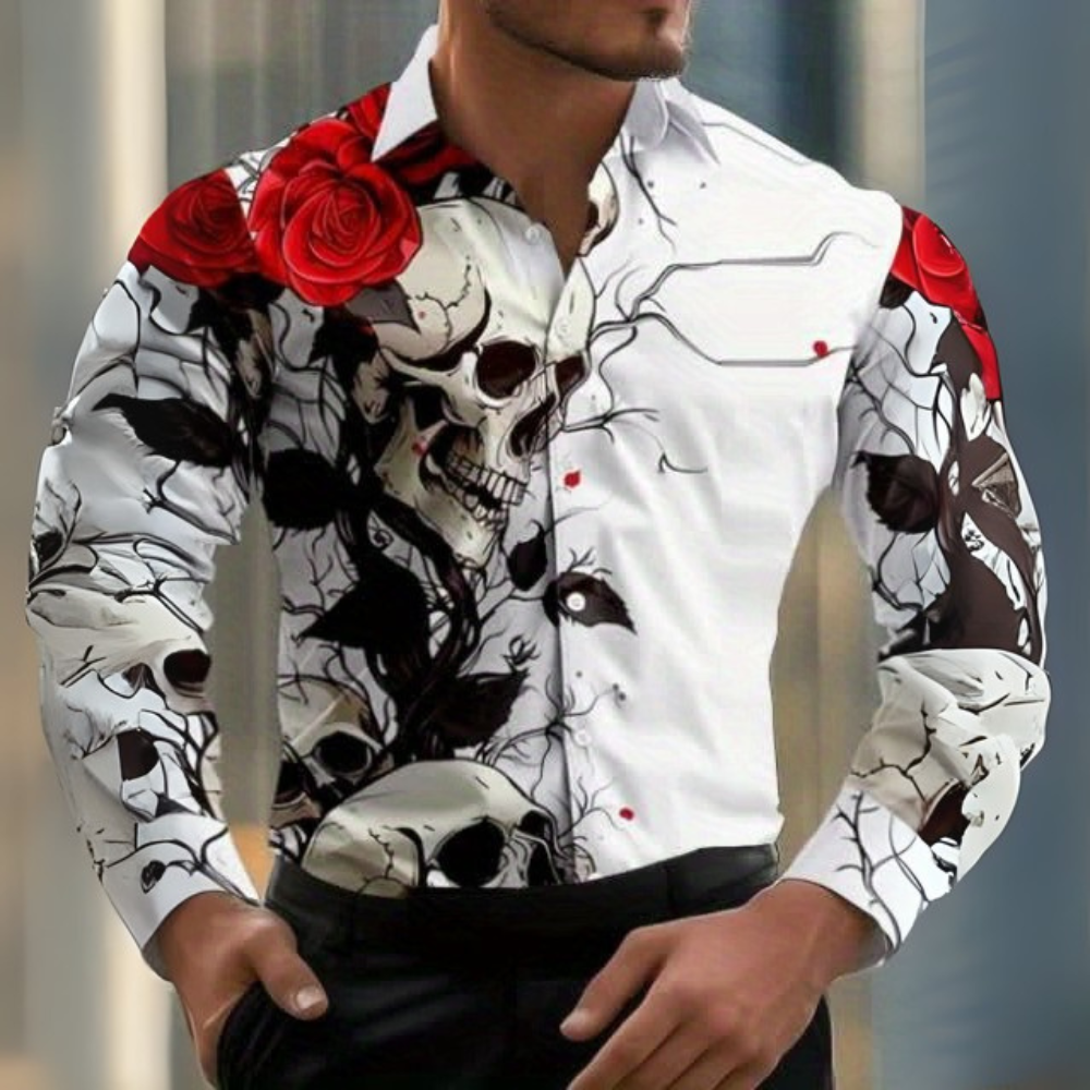 Men’s Halloween Shirt | Skull & Rose Print Long Sleeve