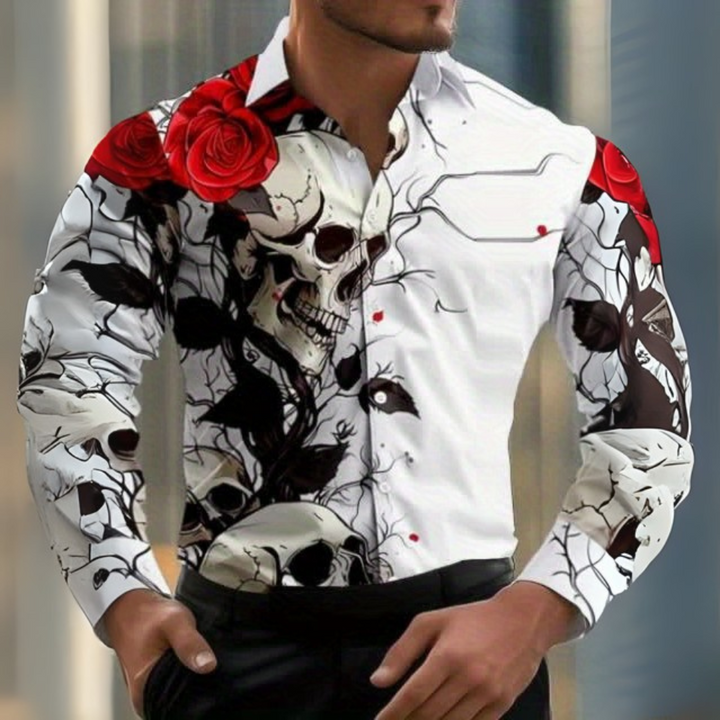 Men’s Halloween Shirt | Skull & Rose Print Long Sleeve