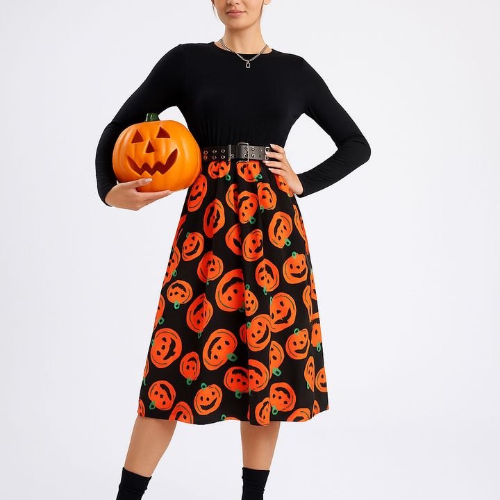 Women’s Halloween Midi Dress | Ghost & Pumpkin Print