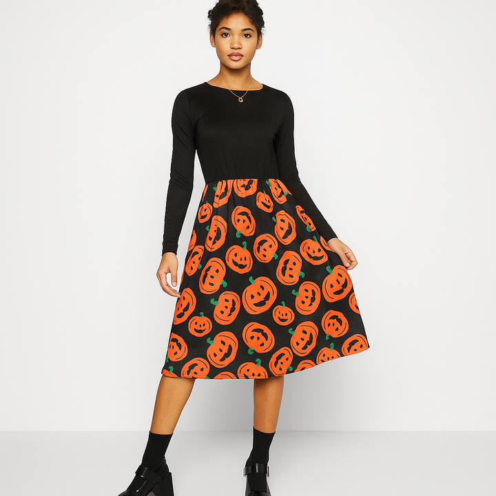 Women’s Halloween Midi Dress | Ghost & Pumpkin Print