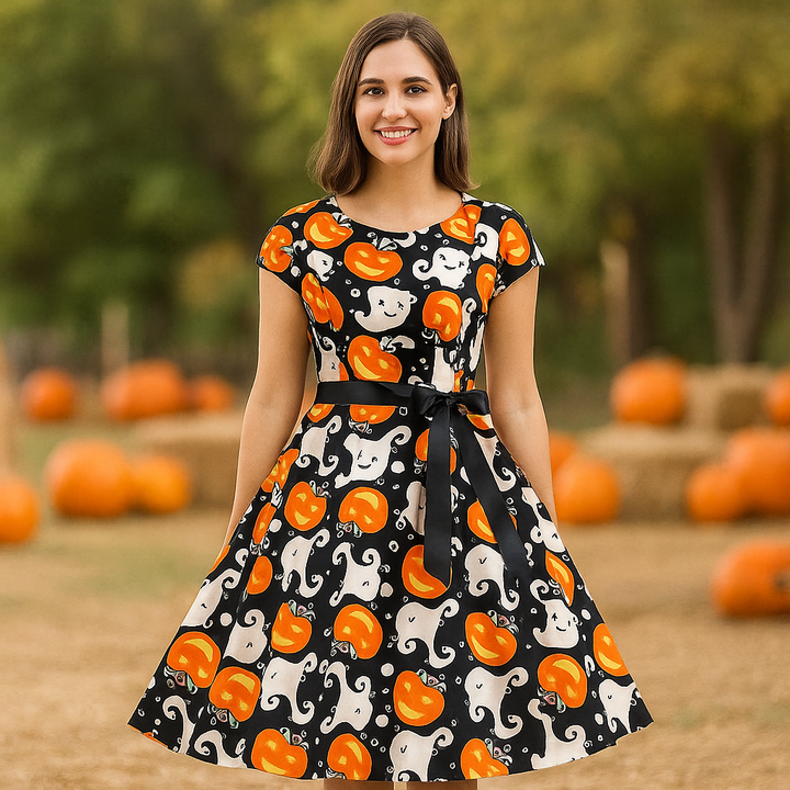 Women’s Halloween Midi Dress | Spooky Pumpkin Print