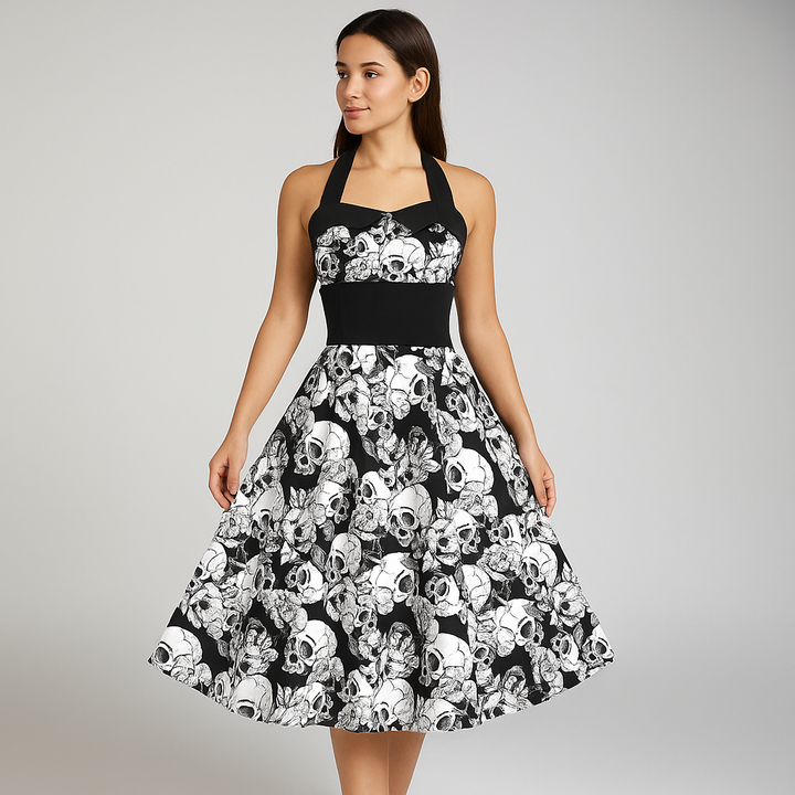 Women’s Halloween Costume Dress | Skull Print & Halter Neck Midi