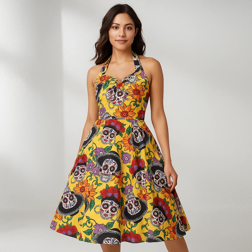 Women’s Halloween Costume Dress | Skull Print & Halter Neck Midi