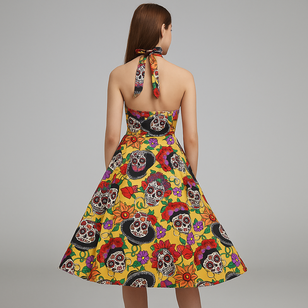 Women’s Halloween Costume Dress | Skull Print & Halter Neck Midi