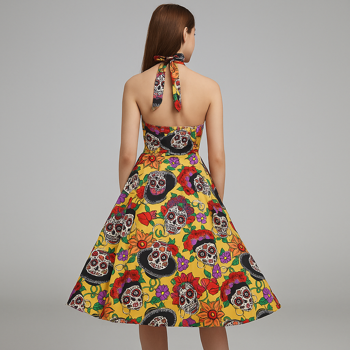 Women’s Halloween Costume Dress | Skull Print & Halter Neck Midi