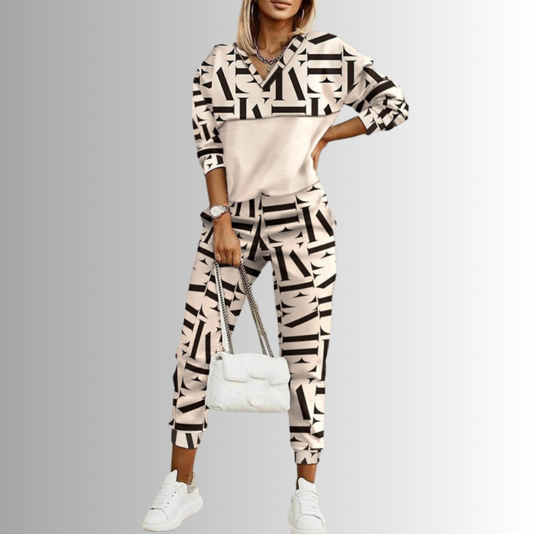 Women’s Two-Piece Tracksuit | Geometric Print V-Neck