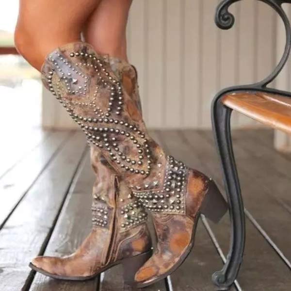 Women’s Studded Knee-High Cowboy Boots | Block Heel