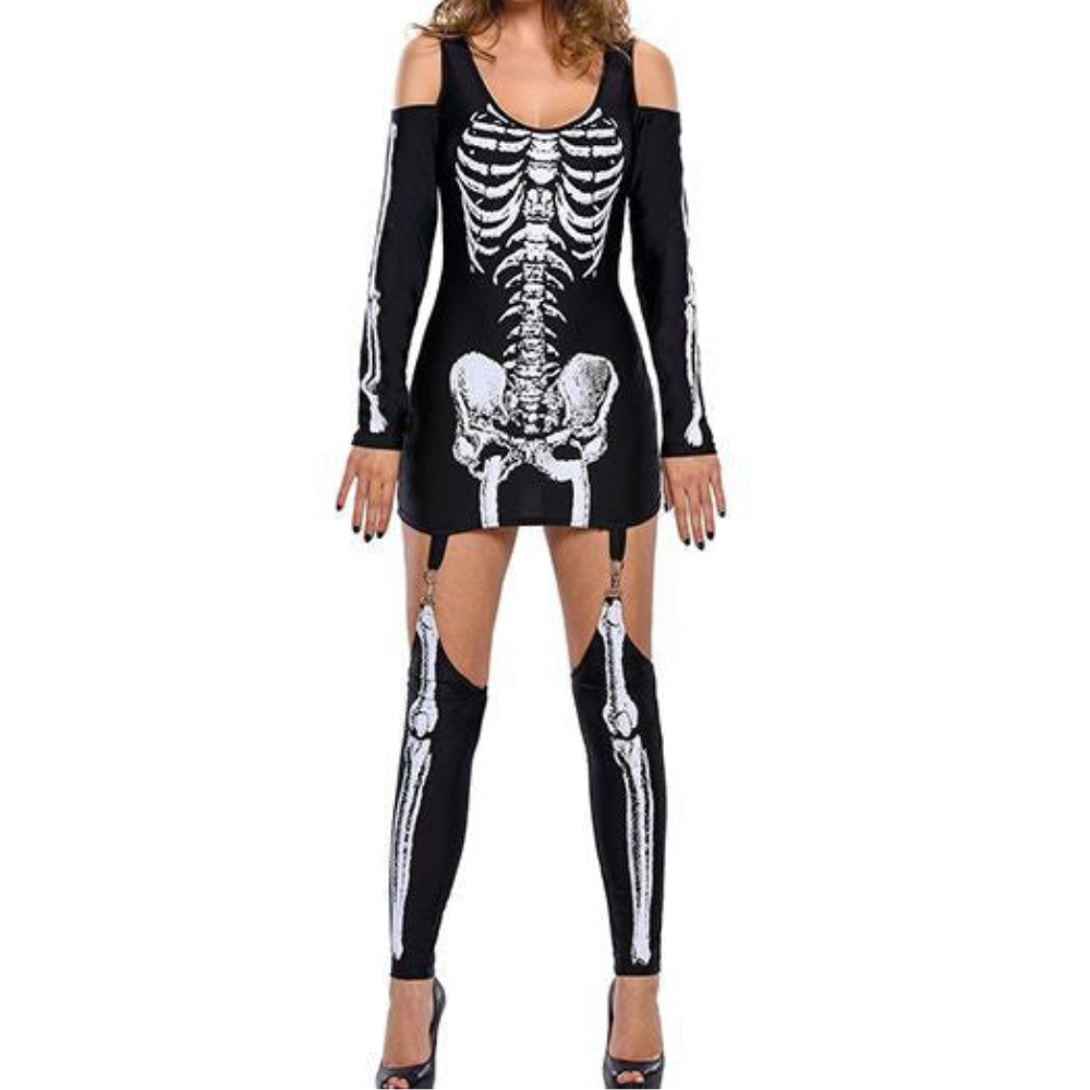 Women’s Skeleton Halloween Costume Set | Off-Shoulder Bone Print