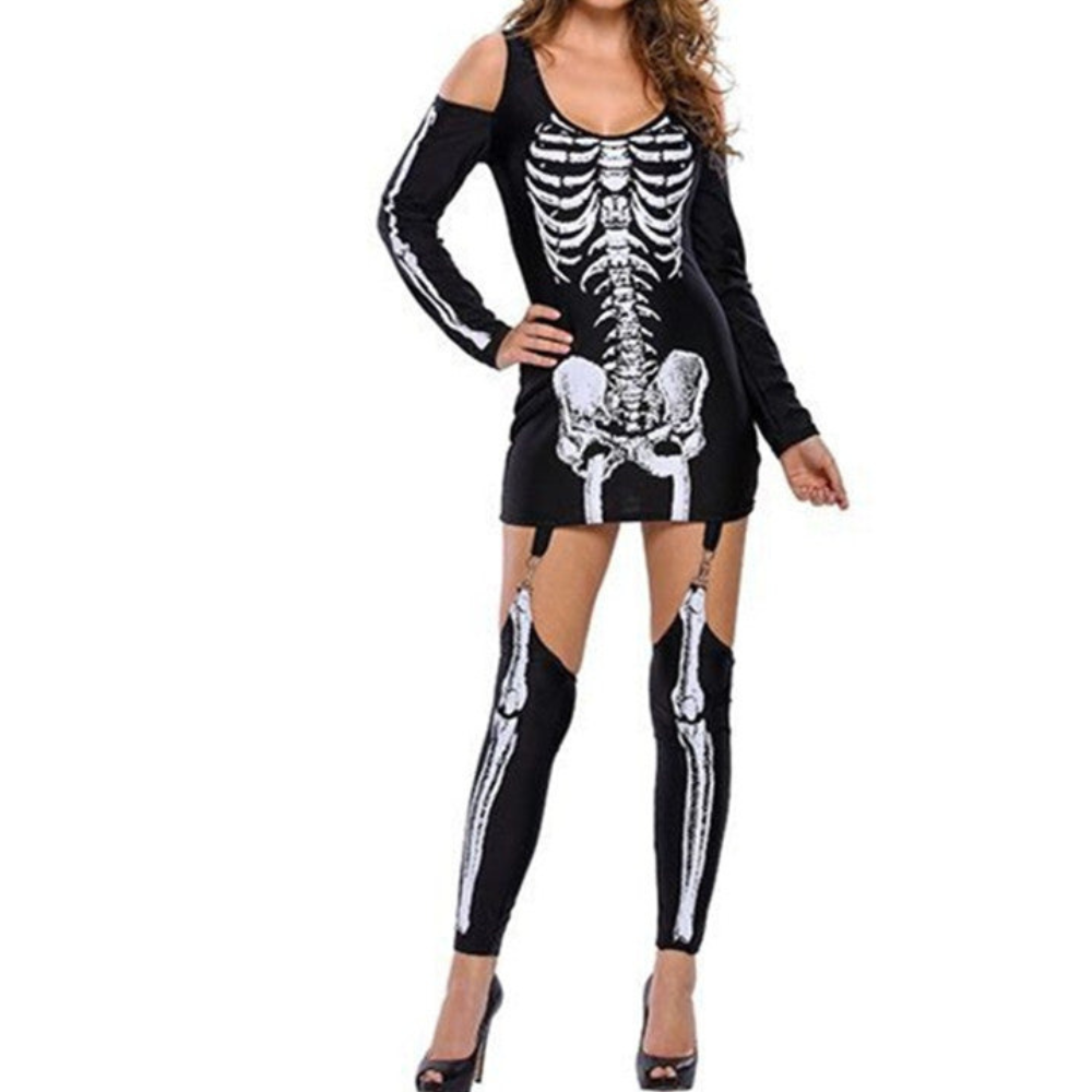 Women’s Skeleton Halloween Costume Set | Off-Shoulder Bone Print