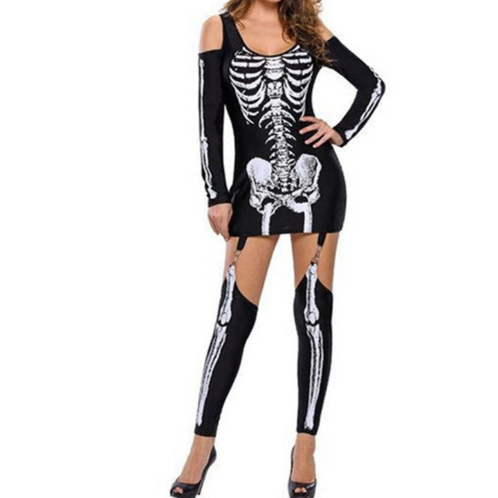 Women’s Skeleton Halloween Costume Set | Off-Shoulder Bone Print