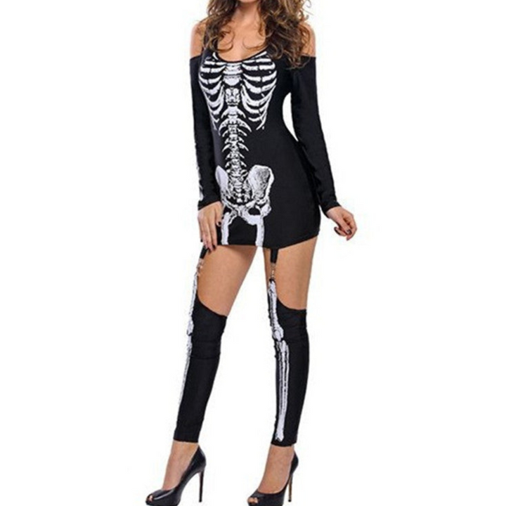 Women’s Skeleton Halloween Costume Set | Off-Shoulder Bone Print