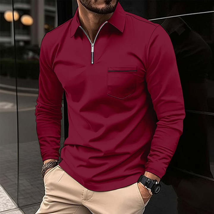 Xavier - Men's Long Sleeve Polo Shirt with Zipper Lapel and Breast Pocket