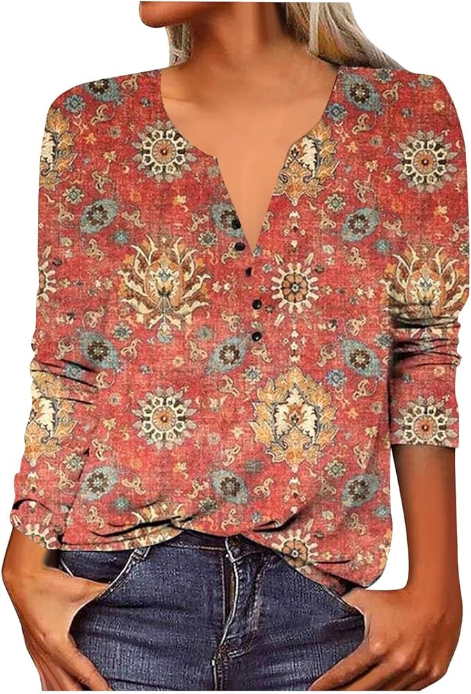 Women’s Boho Printed Long Sleeve Blouse | V-Neck