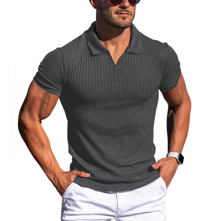 Lukas - Men's Short Sleeve Polo Shirt with Solid Stripes and Lapel