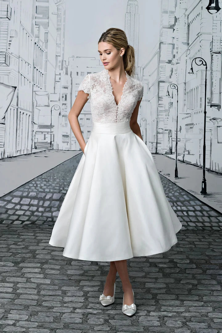 Women's V-Neck Short Sleeve Wedding Dress | Midi