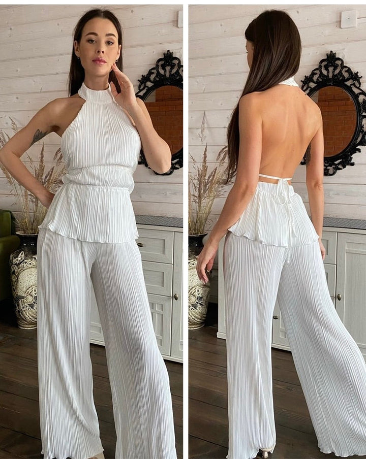 Women's Backless Pleated Two Piece Set | Wide Leg