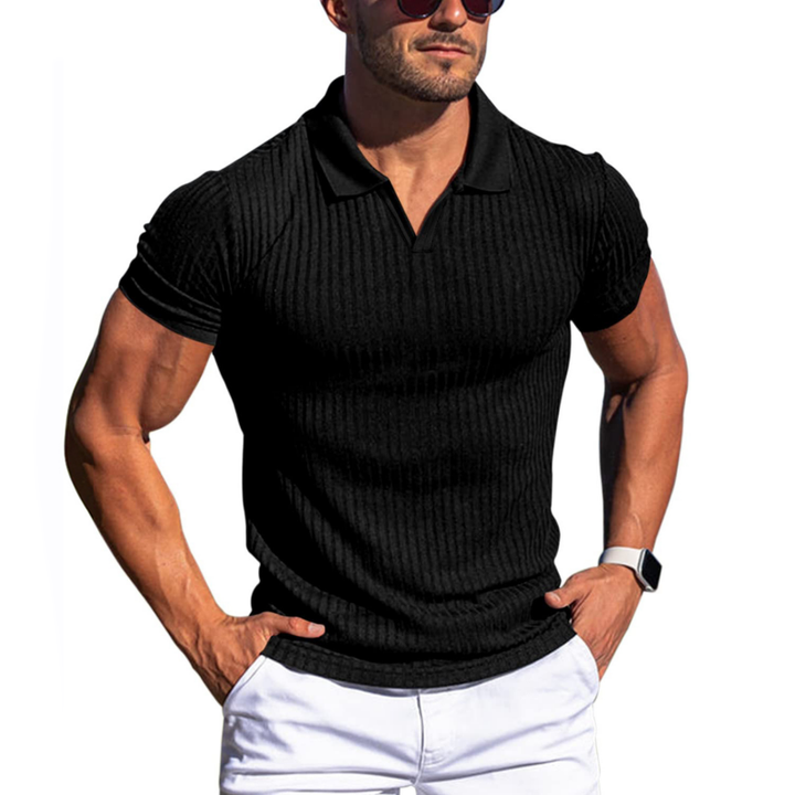 Lukas - Men's Short Sleeve Polo Shirt with Solid Stripes and Lapel