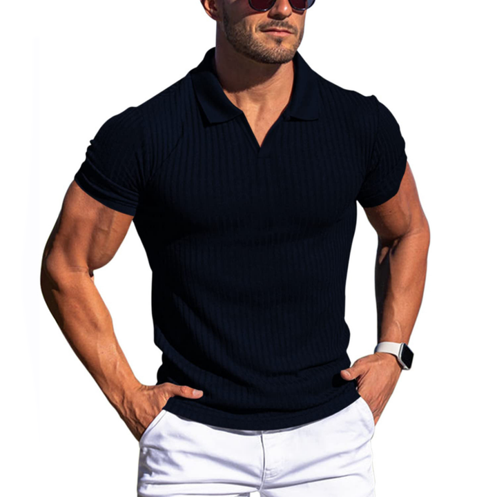 Lukas - Men's Short Sleeve Polo Shirt with Solid Stripes and Lapel