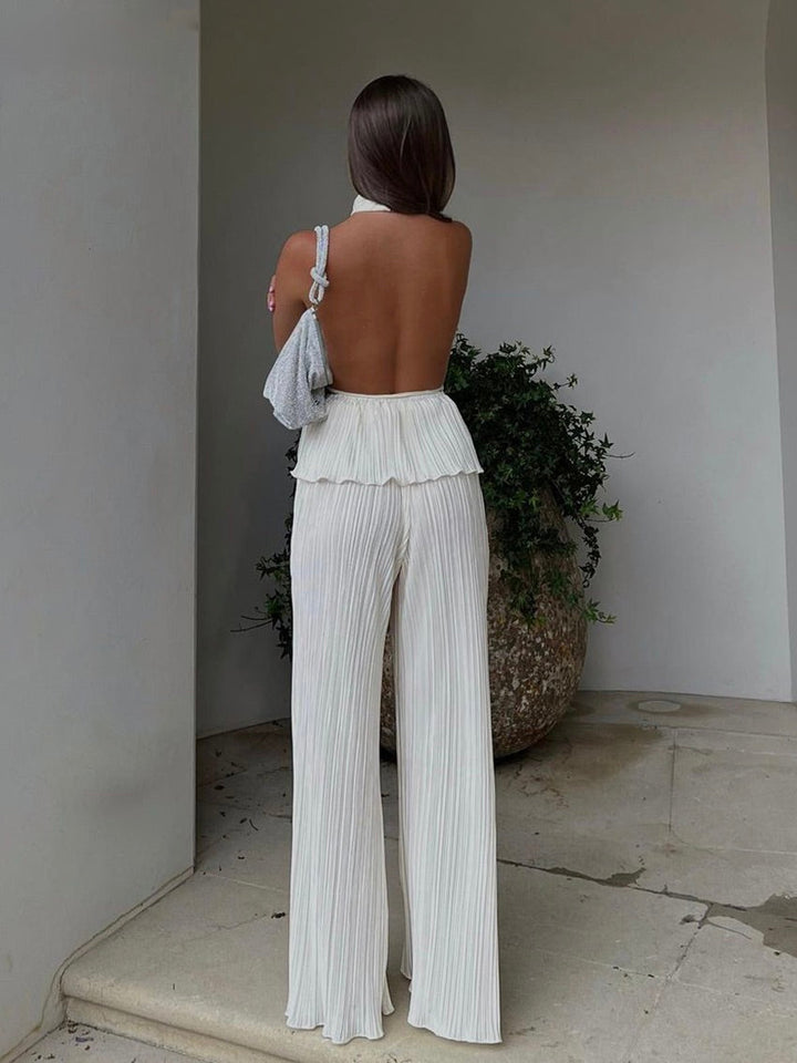 Women's Backless Pleated Two Piece Set | Wide Leg