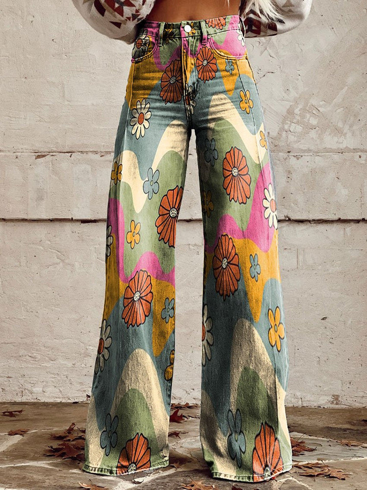 Women’s Floral Print Wide Leg Jeans | High Waist