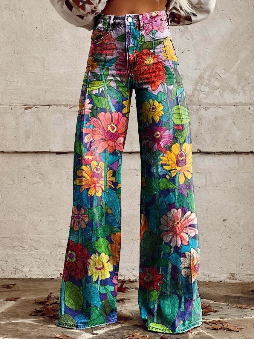 Women’s Floral Print Wide Leg Jeans | High Waist