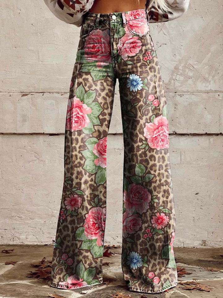 Women’s Floral Print Wide Leg Jeans | High Waist