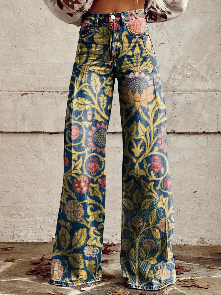Women’s Floral Print Wide Leg Jeans | High Waist