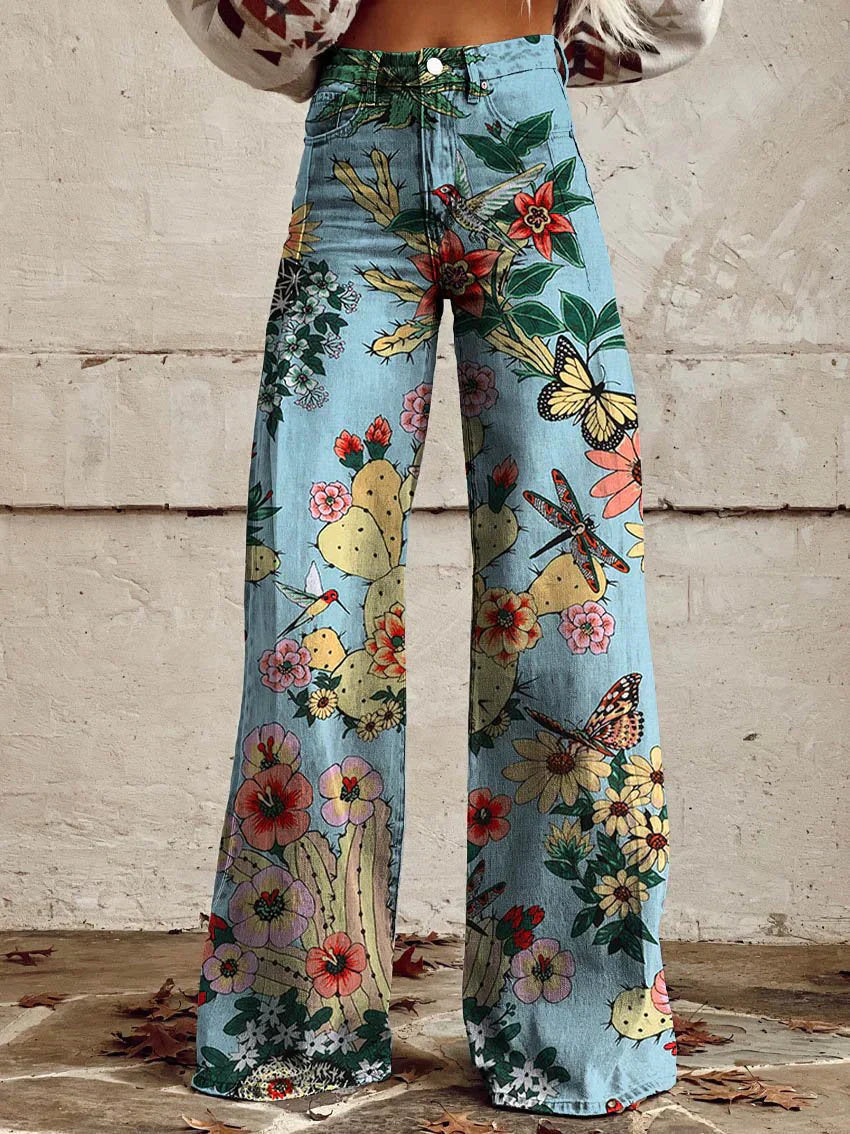 Women’s Floral Print Wide Leg Jeans | High Waist