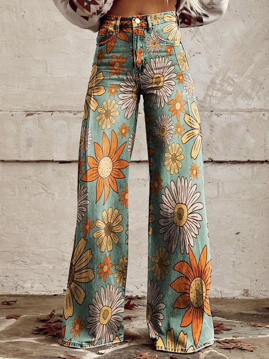 Women’s Floral Print Wide Leg Jeans | High Waist
